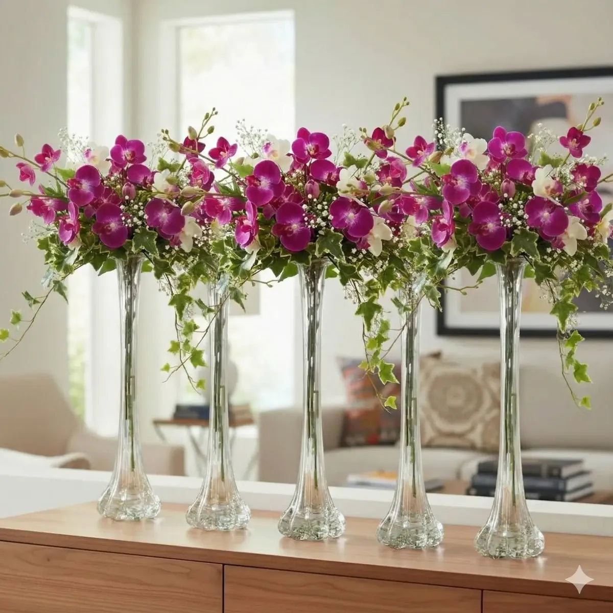 Kit 5 Vasos Solitários de Vidro com Orquídeas - Fato Paisagismo